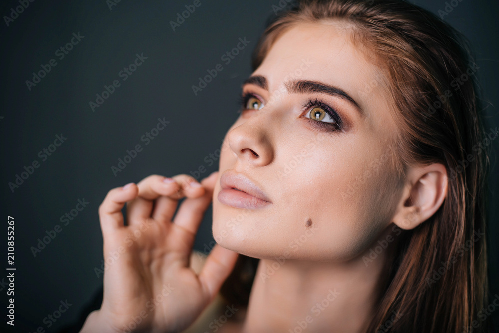 beauty portrait. Studio portrait of a beautiful girl on a gray background. Good make-up. Face close-up beauty portrait. Studio portrait of a beautiful girl on a gray background. Good make-up. Face close-up