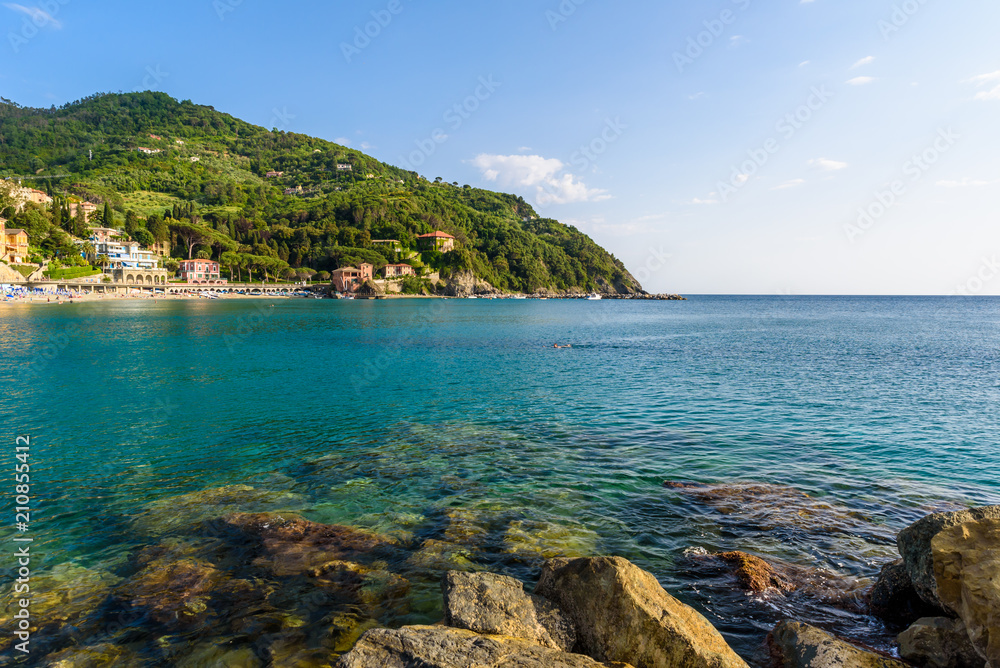Levanto - town in Liguria, close to Cinque Terre in Italy. Scenic Mediterranean riviera coast. Historical Old Town with colorful houses and sand beach at beautiful coast of Italy.