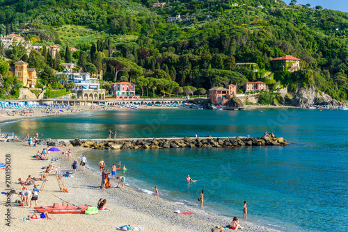 Fototapeta Naklejka Na Ścianę i Meble -  Levanto - town in Liguria, close to Cinque Terre in Italy. Scenic Mediterranean riviera coast. Historical Old Town with colorful houses and sand beach at beautiful coast of Italy.