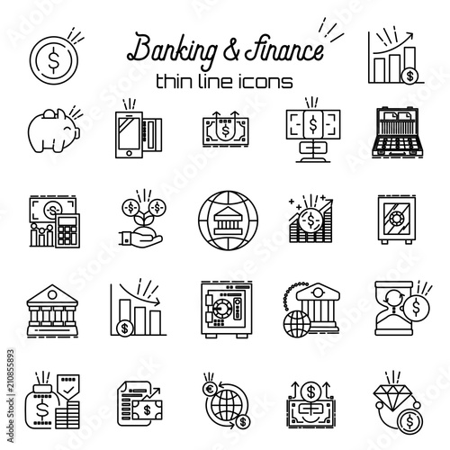 Finance and money icon. Banking, business thin line icons set. Vector