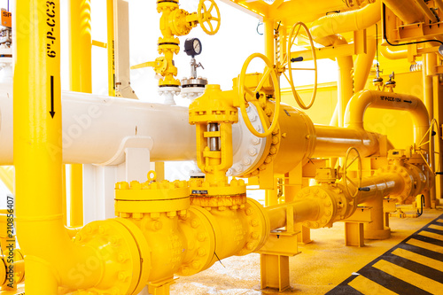 Offshore oil and Gas central processing platform and remote platform produced oil, natural gas and liquid condensate for set to onshore refinery from offshore in ocean sea background.