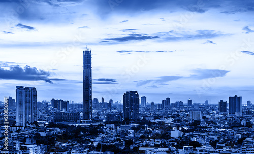 scenic of cityscape of metropolis and skyline with blue filter