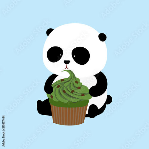Vector Illustration: A cute cartoon giant panda is sitting on the ground, holding and eating a big matcha / green tea flavor cupcake with cream and chocolate chips.
