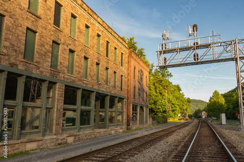 Thurmond, West Virginia an historic abandoned ghost town with train tracks.