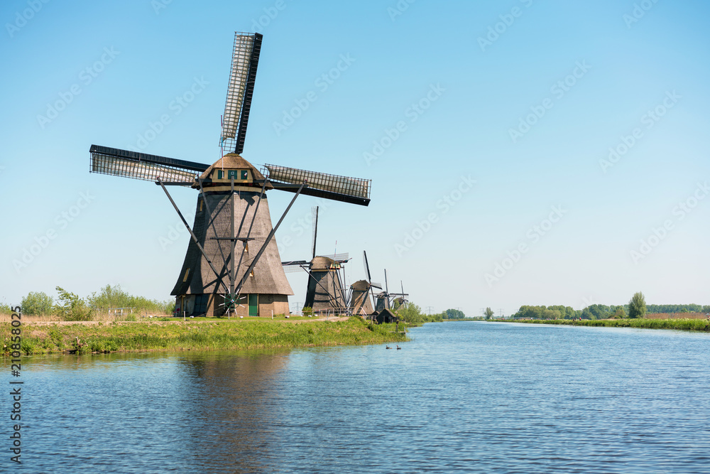 Netherlands windmills and water canal at KInderdijk.