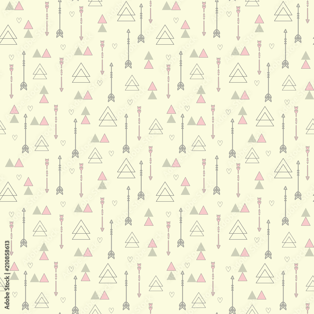 Creative boho style, ethnic arrows elements seamless pattern, background illustration. Background with arrows, triangle and hearts. Creative boho style, ethnic arrows elements seamless pattern, background illustration. Background with arrows, triangle and hearts.