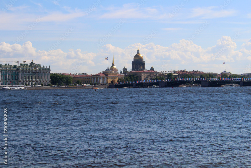 Neva river and retro architecture in St. Petersburg