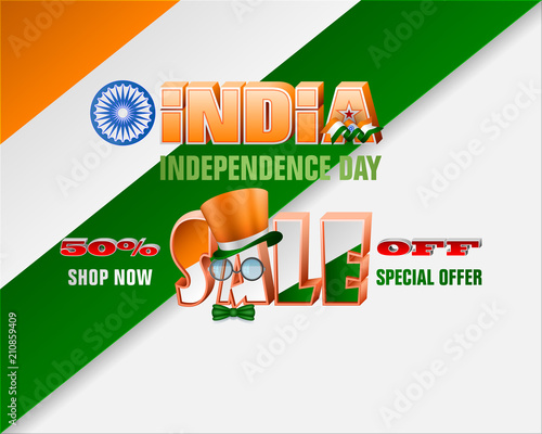 Holiday design, background with 3d texts, national flag colors and spinning wheel for Fifteenth of August, India Independence day, sales, commercial events
