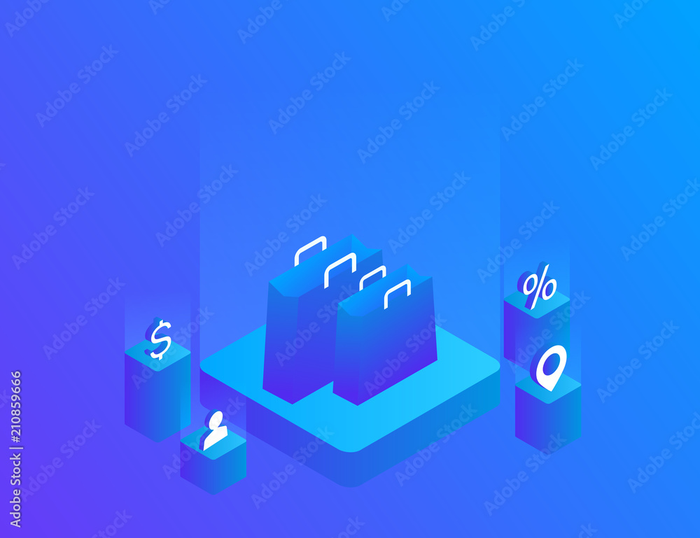 Vector image of a three dimensional shopping bag, isolated on blue background. Modern isometric vector illustration Vector image of a three dimensional shopping bag, isolated on blue background. Modern isometric vector illustration