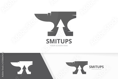 Vector smith and arrow up logo combination. Blacksmith and growth symbol or icon. Unique metal and upload logotype design template.