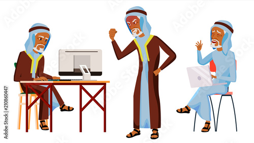Arab Man Office Worker Vector. Thawb, Thobe. Old. Traditional Clothes. Business Set. Facial Emotions, Gestures. Animated Elements. Corporate Businessman Male. Successful Officer, Clerk. Illustration