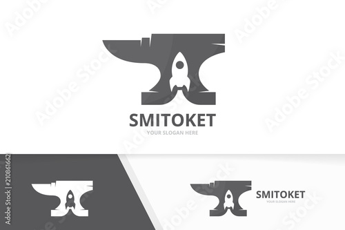Vector smith and rocket logo combination. Blacksmith and start up symbol or icon. Unique metal and spaceship logotype design template.