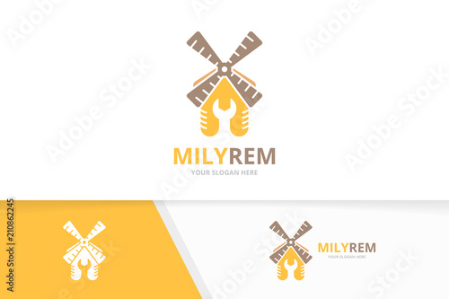 Vector mill and repair logo combination. Farm and fix symbol or icon. Unique windmill and service logotype design template.