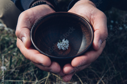 Man hands holding flower in rustic bowl. Herbal tea preparing detail.