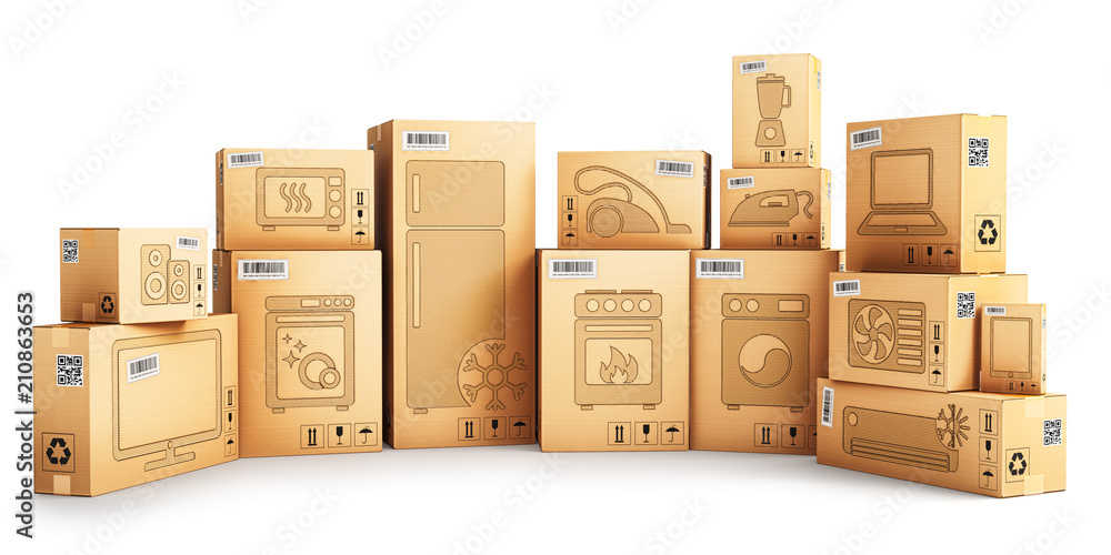 Shopping, purchase and delivery concept, cardboard boxes with household appliances and kitchen electronics isolated on white background - obrazy, fototapety, plakaty 