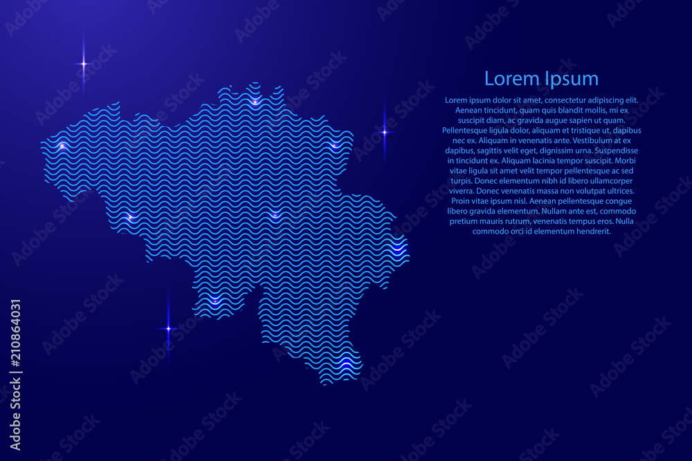 Silhouette of Belgium country from wavy blue space sinusoid lines and glowing stars. Contour state of creative luminescence curve. Vector illustration.