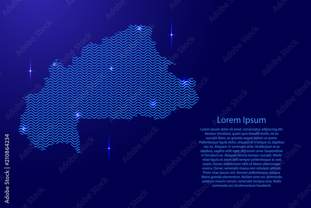 Silhouette of Burkina Faso country from wavy blue space sinusoid lines and glowing stars. Contour state of creative luminescence curve. Vector illustration.