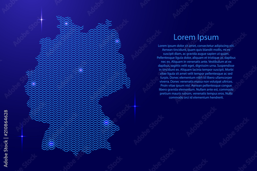 Silhouette of Germany country from wavy blue space sinusoid lines and glowing stars. Contour state of creative luminescence curve. Vector illustration.