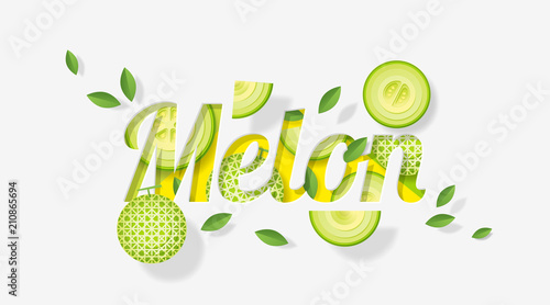 Word melon design decorated with melon fruits and leaves in paper art style , vector , illustration
