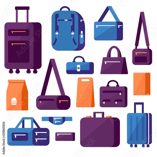 Large set of bags, suitcases and backpacks. Flat style.