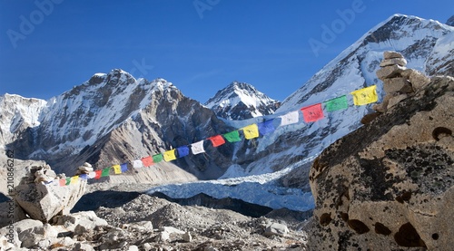 Mount Everest base camp with buddhist prayer flags