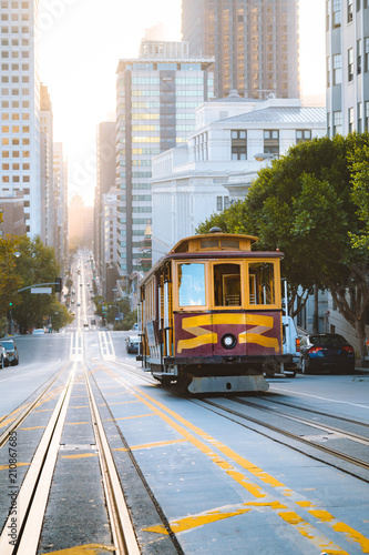 Historic San Francisco Cable Car on California Street at sunrise, California, USA