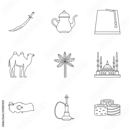 Turkey stuff icons set. Outline set of 9 Turkey stuff vector icons for web isolated on white background