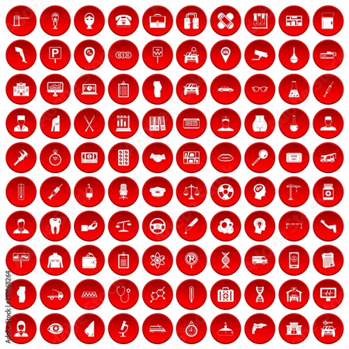 100 business day icons set in red circle isolated on white vector illustration
