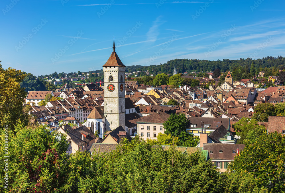 View of the Swiss city of Schaffhausen at the end of summer