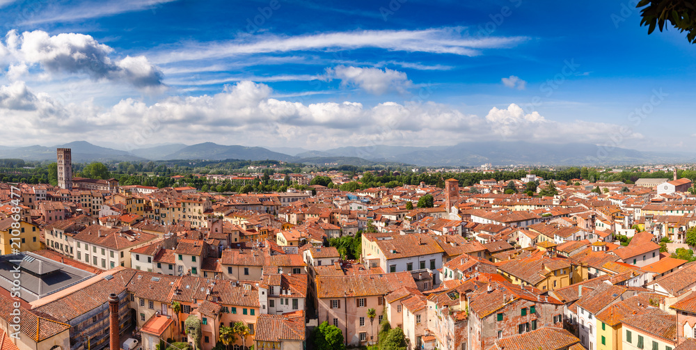 Lucca old town rooftop panorama Tuscany Italy