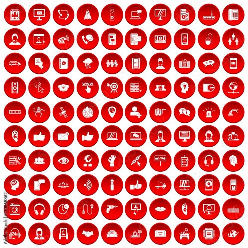 100 call center icons set in red circle isolated on white vector illustration