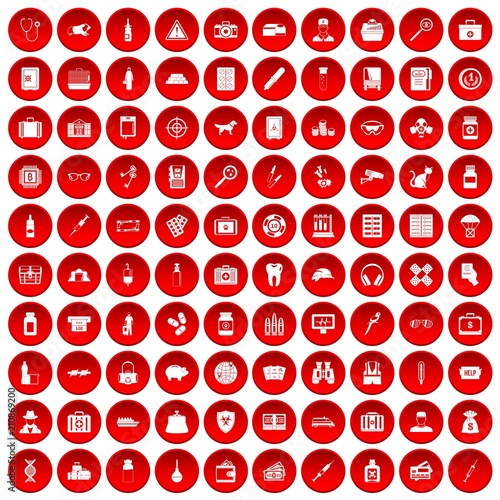 100 case icons set in red circle isolated on white vector illustration