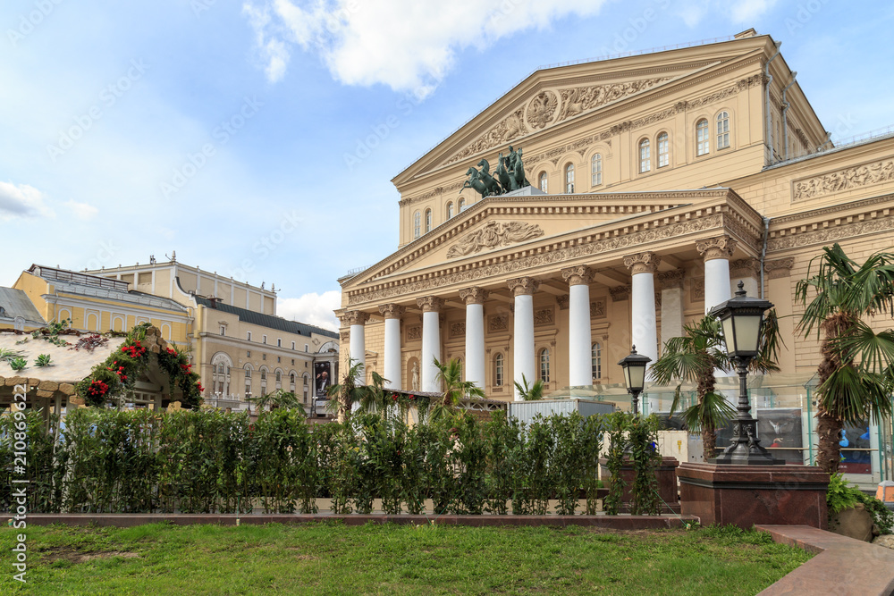 Sculpture of chariots on the facade of the building of The Bolshoi theater in Moscow, built in 1825