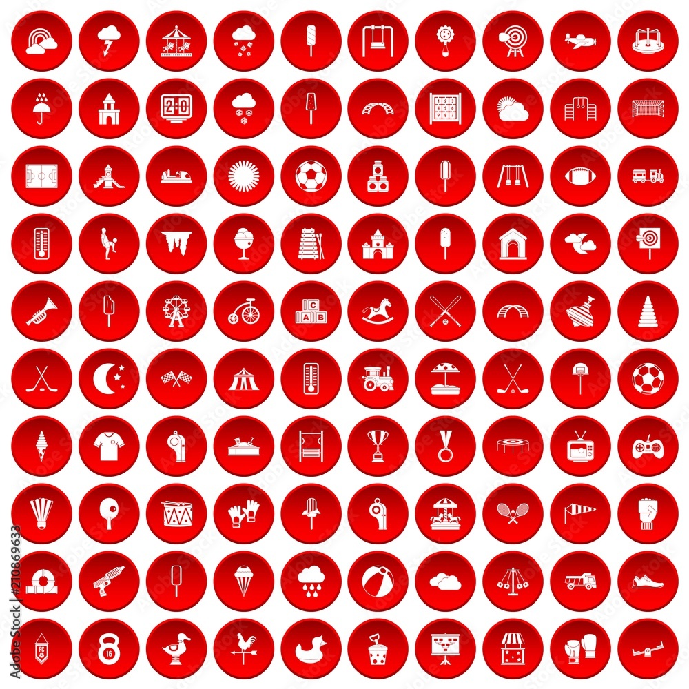 100 childrens playground icons set in red circle isolated on white vector illustration 100 childrens playground icons set in red circle isolated on white vector illustration