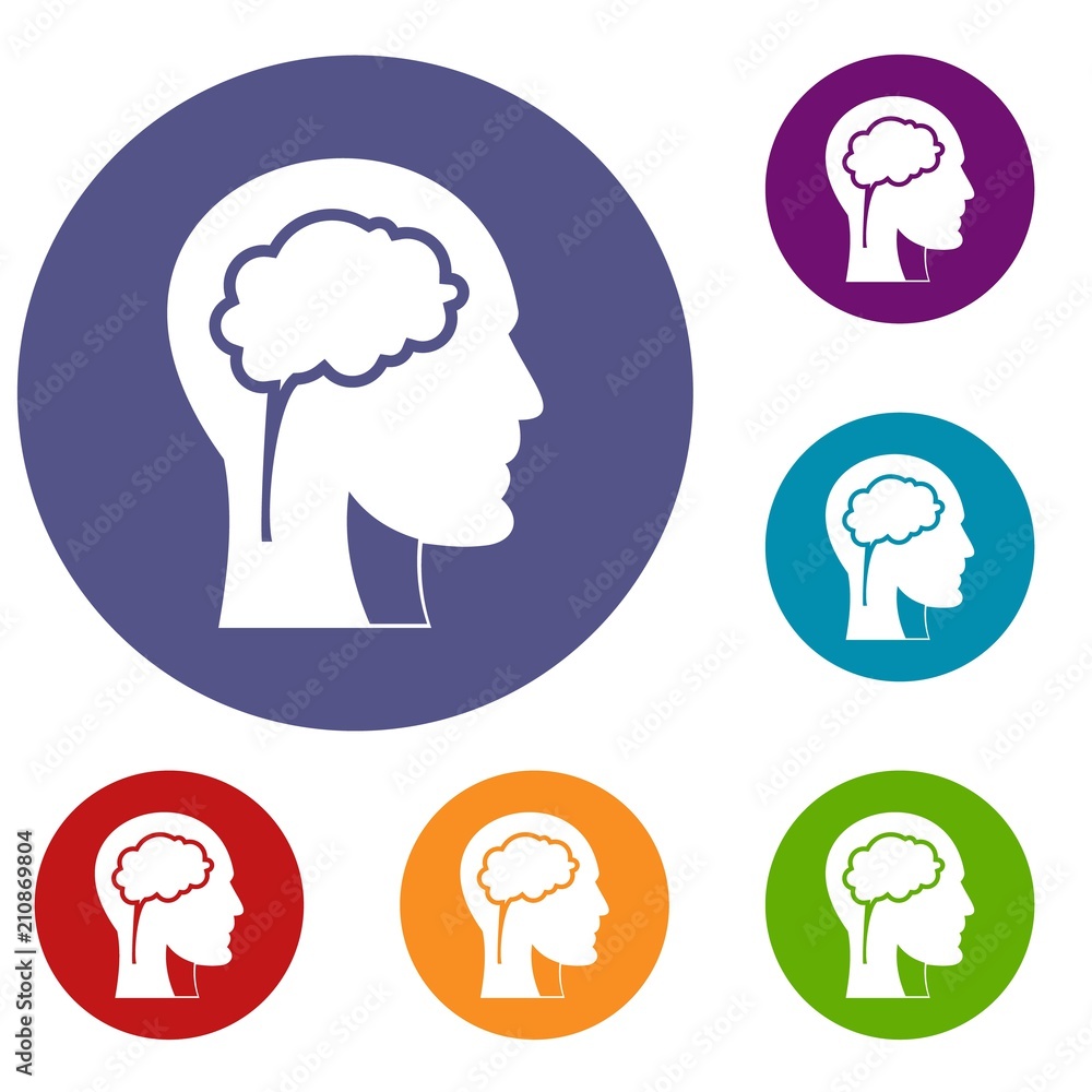 Head with brain icons set in flat circle red, blue and green color for web Head with brain icons set in flat circle red, blue and green color for web