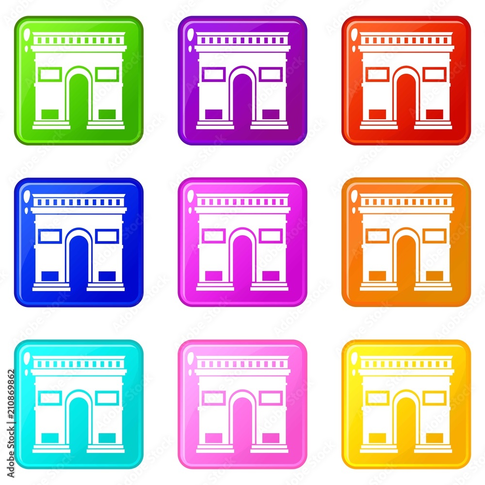 Triumphal arch icons of 9 color set isolated vector illustration