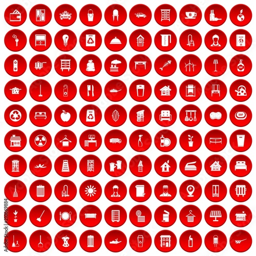 100 cleaning icons set in red circle isolated on white vector illustration