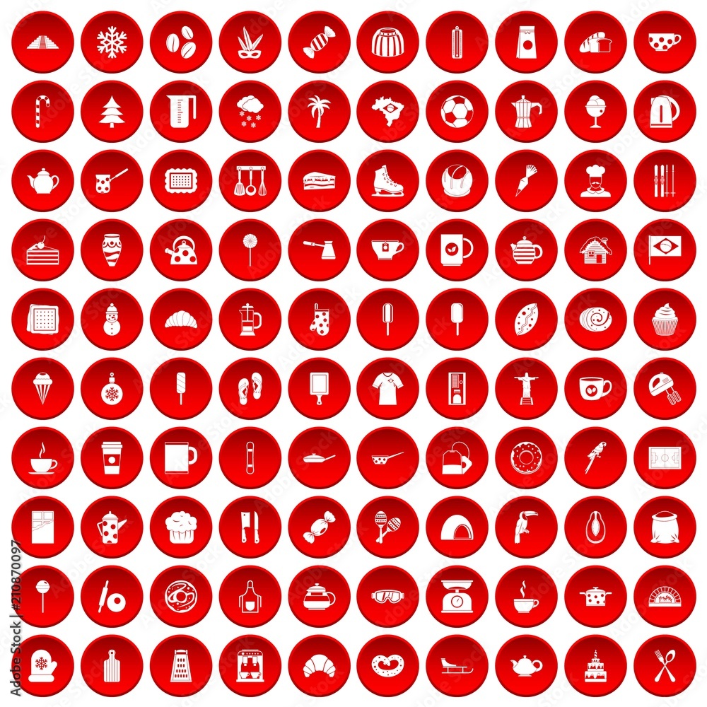 100 coffee icons set in red circle isolated on white vector illustration 100 coffee icons set in red circle isolated on white vector illustration