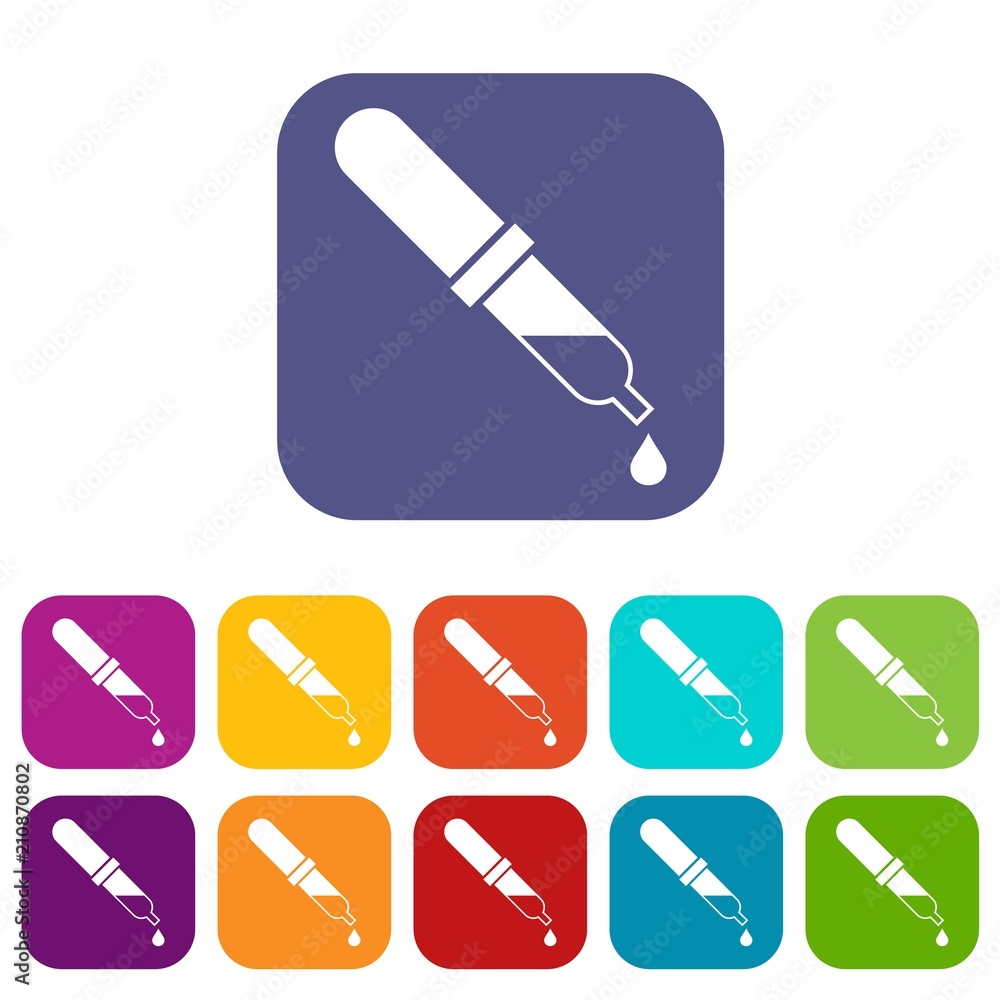 Pipette icons set vector illustration in flat style in colors red, blue, green, and other Pipette icons set vector illustration in flat style in colors red, blue, green, and other