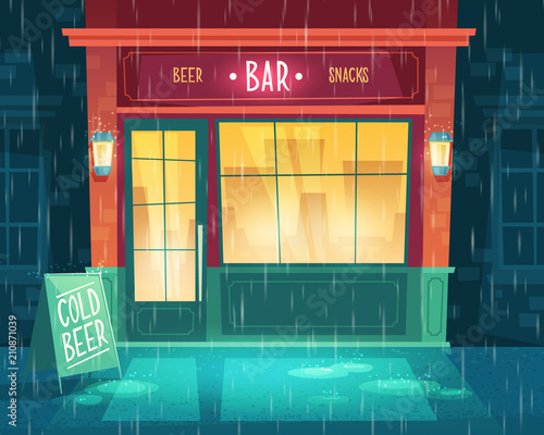 Vector background with bar at bad weather, rain. Facade of building with illumination, signboard. Entrance of fast food taproom with beer and snacks. Outdoor architecture background