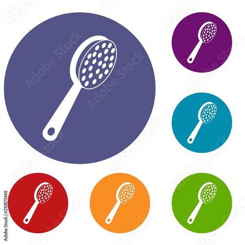 Pumice icons set in flat circle red, blue and green color for web