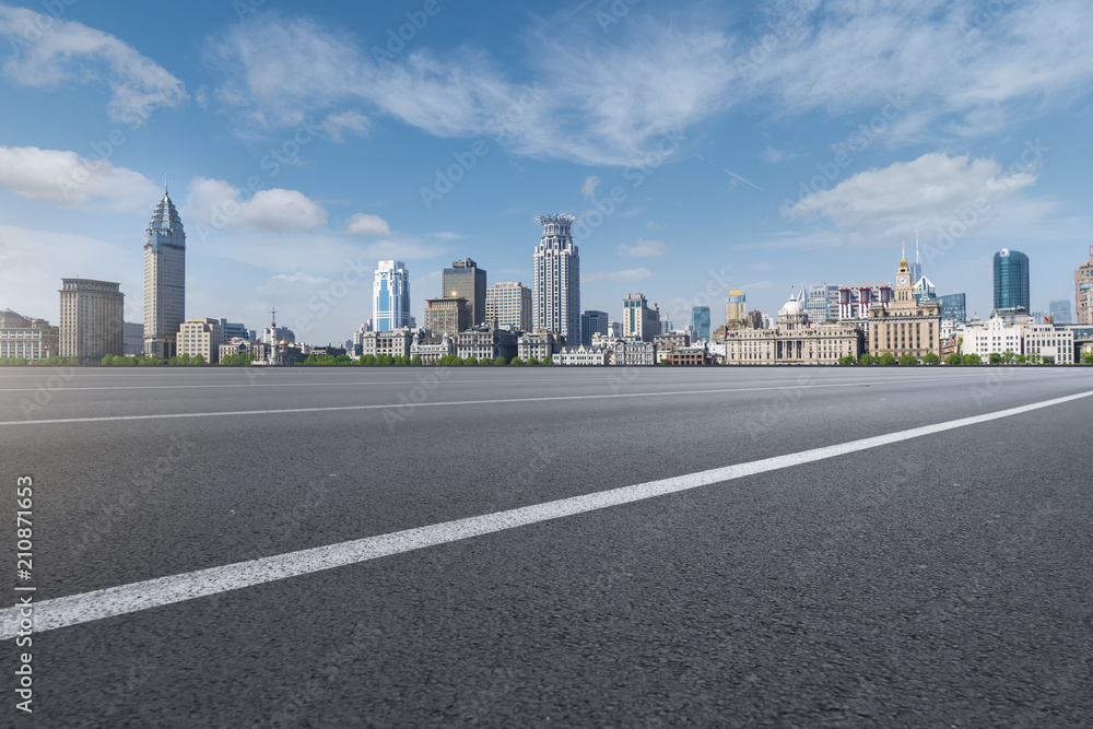 Air highway asphalt road and office building of commercial building in modern city