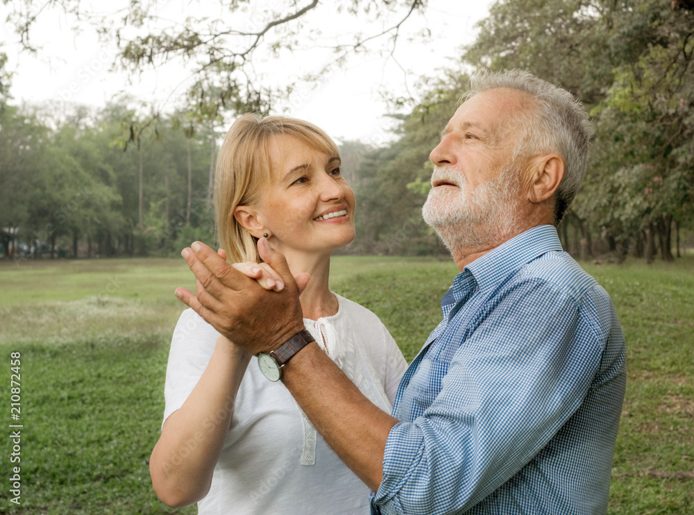 Fototapeta premium Happy smiling senior couple in love happy in park, dancing and having fun, Happy life