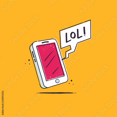 Smartphone with comic bubble showing LOL (laughing out loud) message received vector illustration in sketchy style