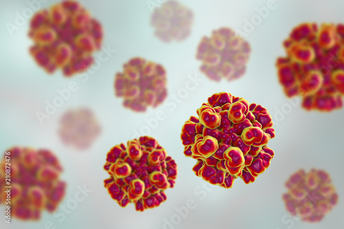 Fotografie Hepatitis E viruses, 3D illustration, non-enveloped RNA viruses with fecal-oral