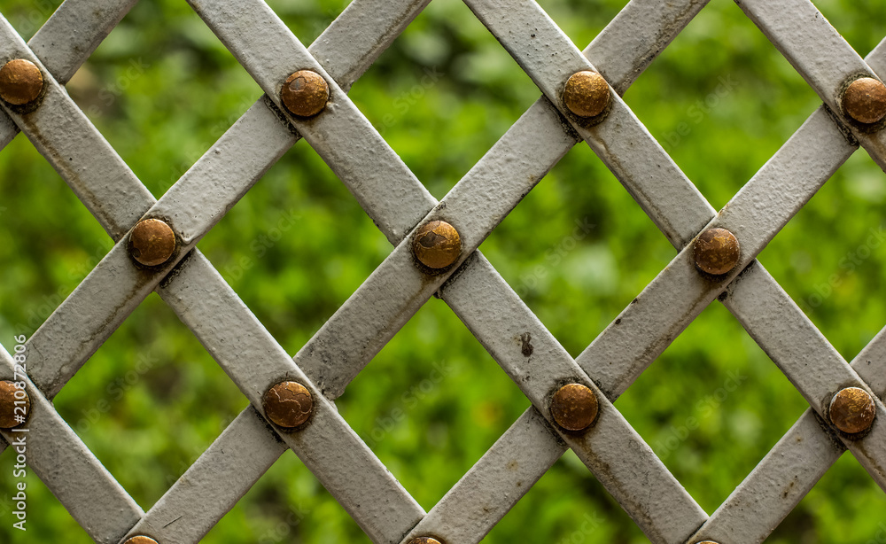 rusty poor metal fence frame texture concept with green grass background and empty space for copy or text rusty poor metal fence frame texture concept with green grass background and empty space for copy or text