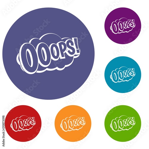 OOOPS, comic book explosion icons set in flat circle red, blue and green color for web