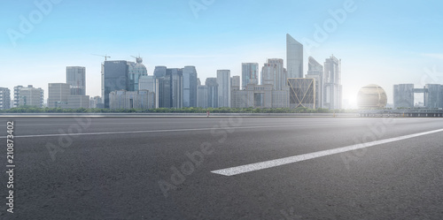 Air highway asphalt road and office building of commercial building in modern city