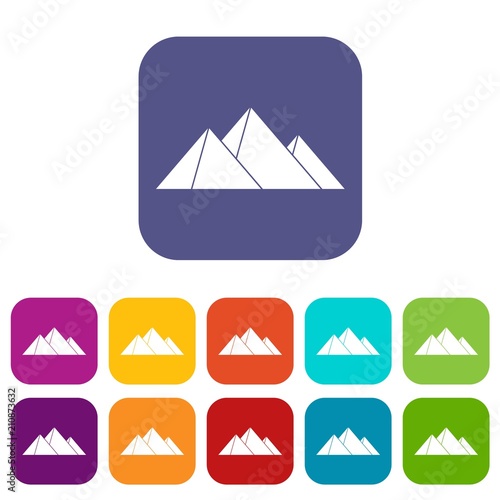 Pyramids icons set vector illustration in flat style in colors red, blue, green, and other