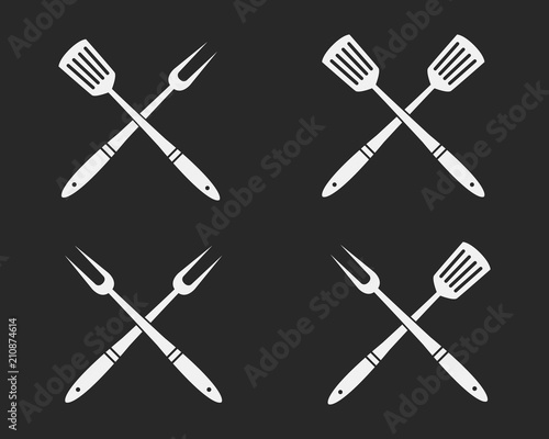 Set of BBQ tools icons. Crossed Barbeque fork and spatula. Elements for design logos, emblems, badges. Vector illustration